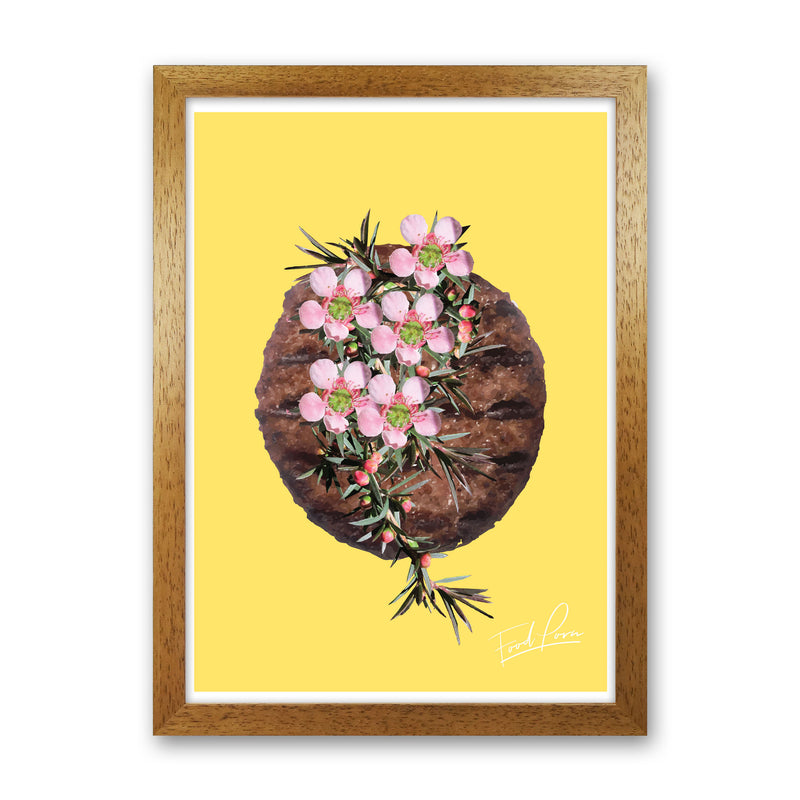 Yellow Burger Food Print, Framed Kitchen Wall Art Oak Grain