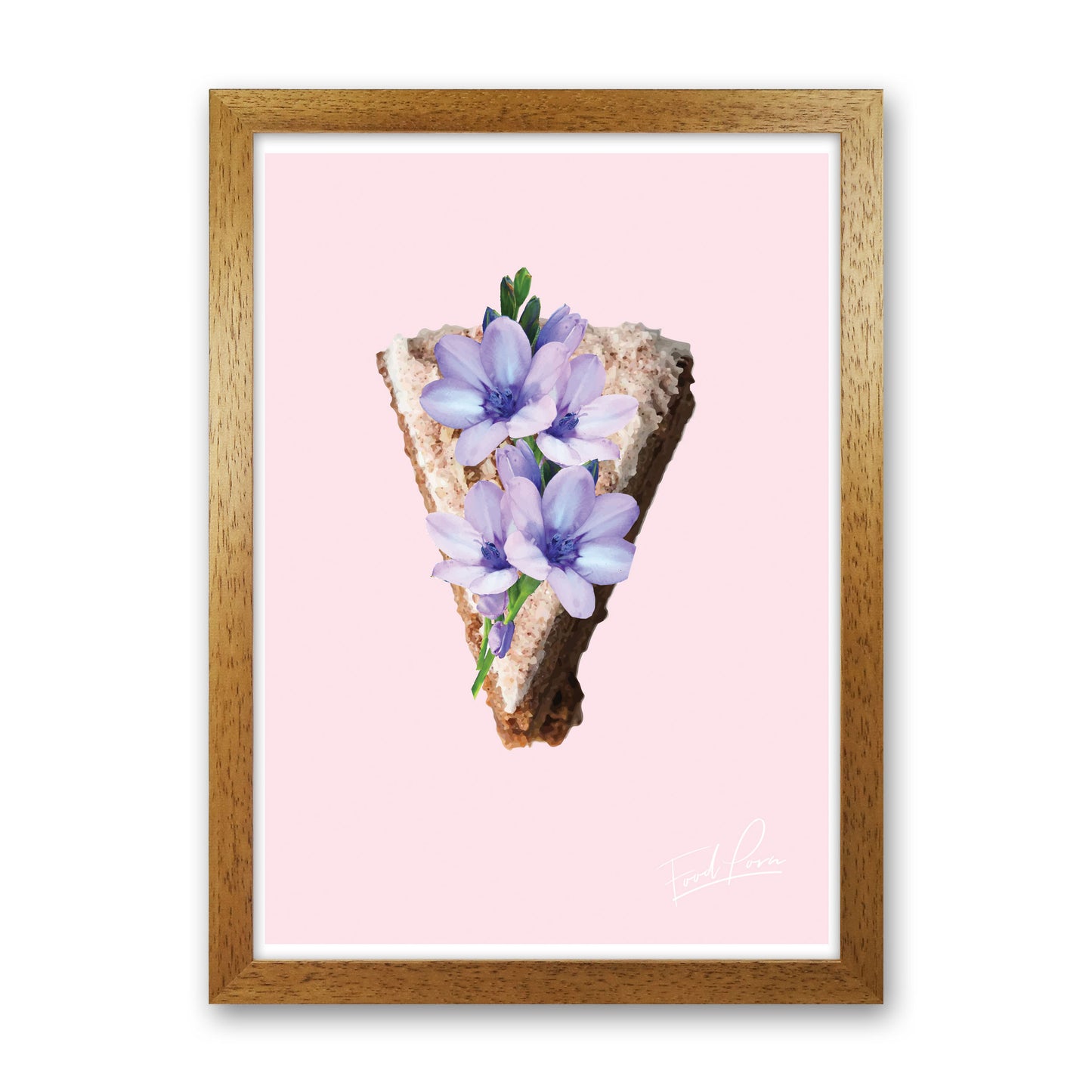 Pink Coffee Cake Floral Food Print, Framed Kitchen Wall Art Oak Grain