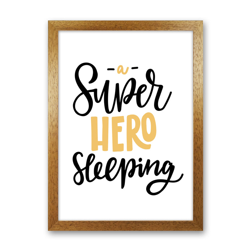 Superhero Sleeping Mustard And Black Framed Nursey Wall Art Print Oak Grain