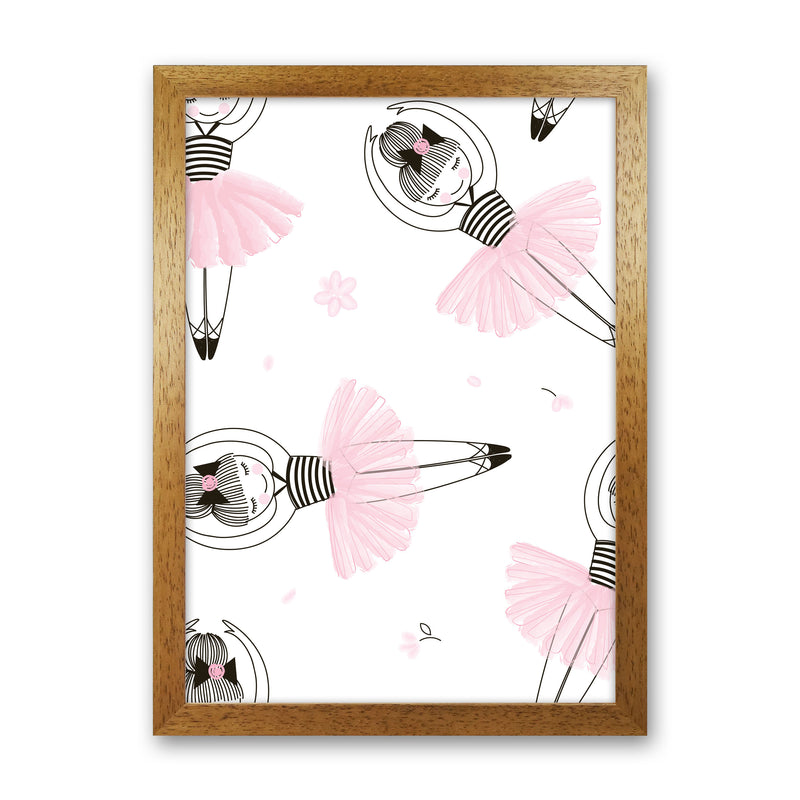 Ballerina Repeat Pattern Framed Nursey Wall Art Print Oak Grain