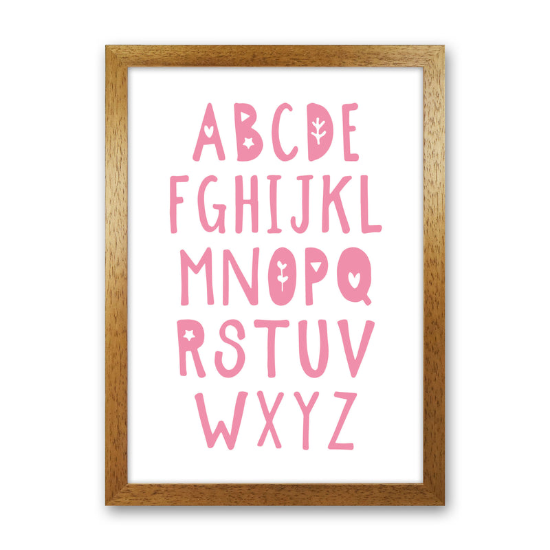 Bright Pink Alphabet Framed Nursey Wall Art Print Oak Grain