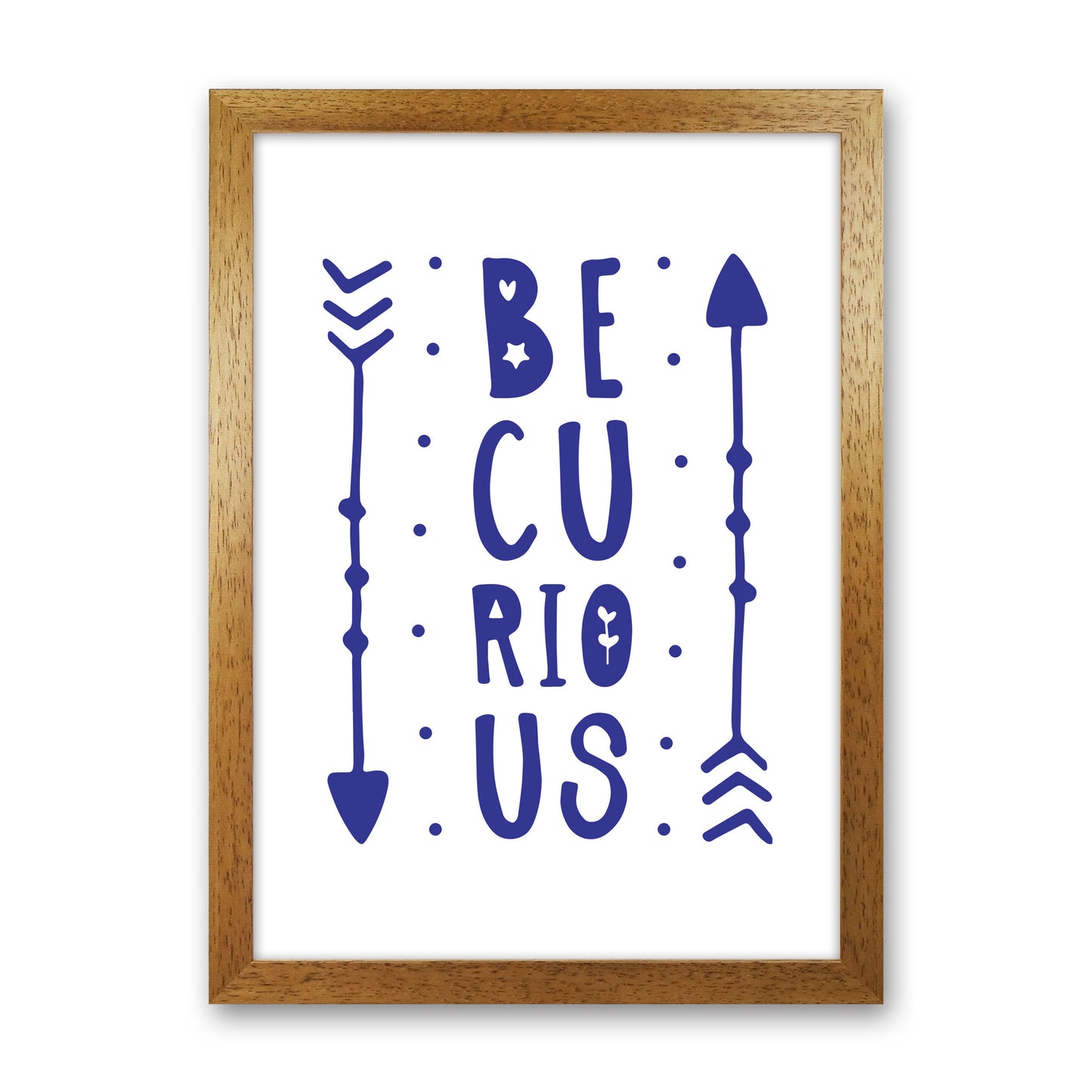 Be Curious Navy Framed Typography Wall Art Print Oak Grain