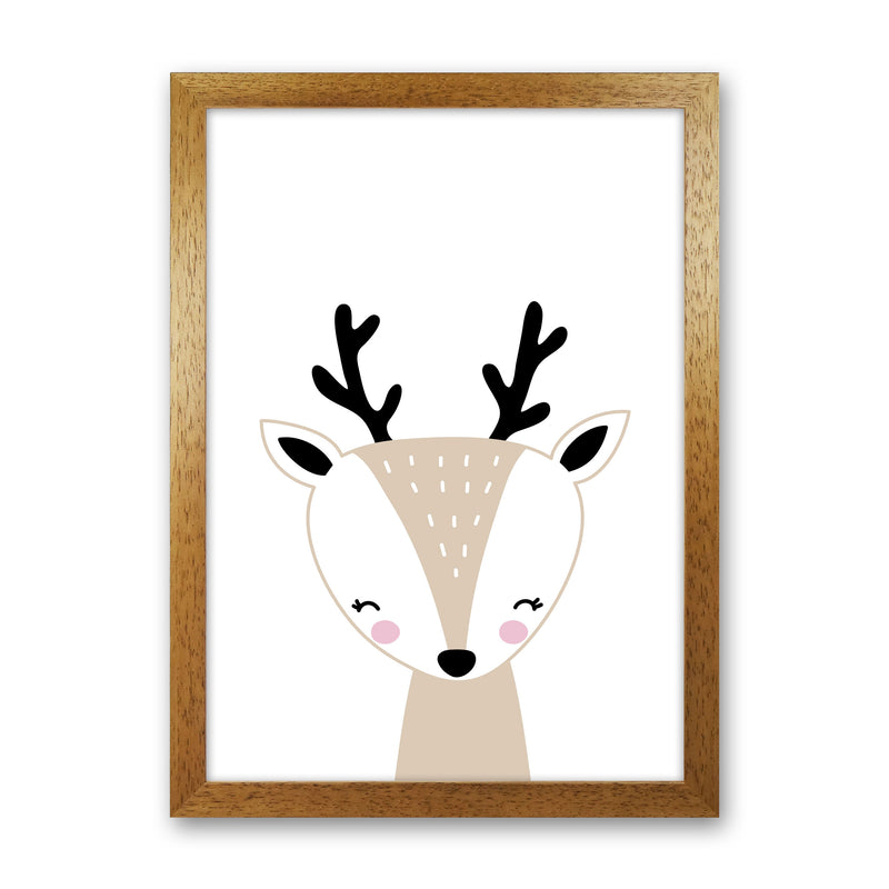 Scandi Beige Deer Framed Nursey Wall Art Print Oak Grain