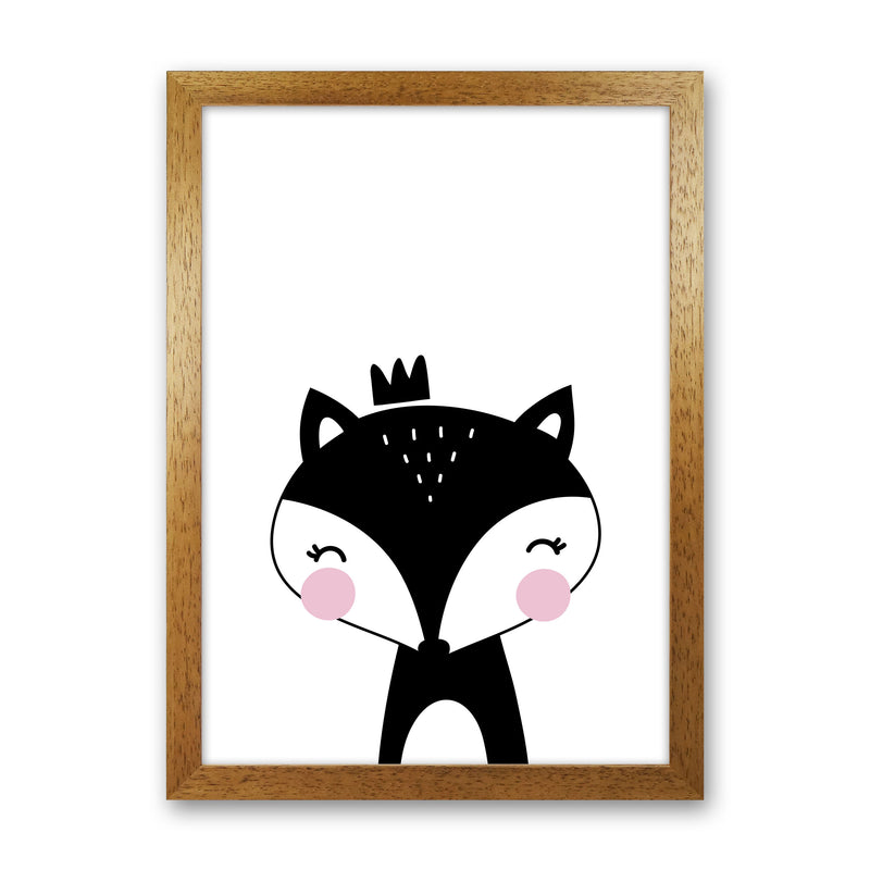 Scandi Black Fox With Crown Framed Nursey Wall Art Print Oak Grain