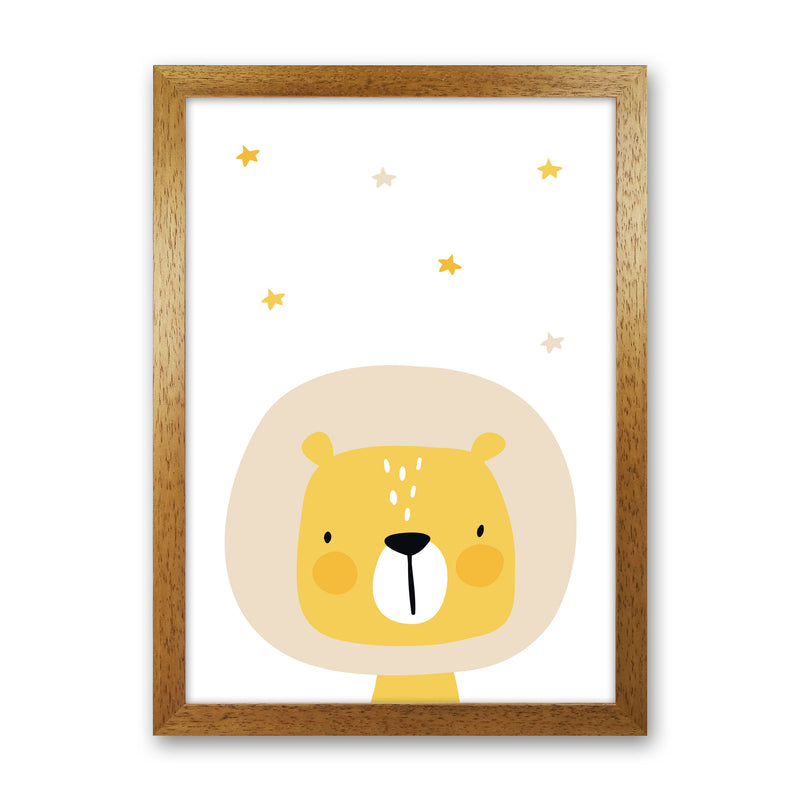 Scandi Lion And Stars Framed Nursey Wall Art Print Oak Grain