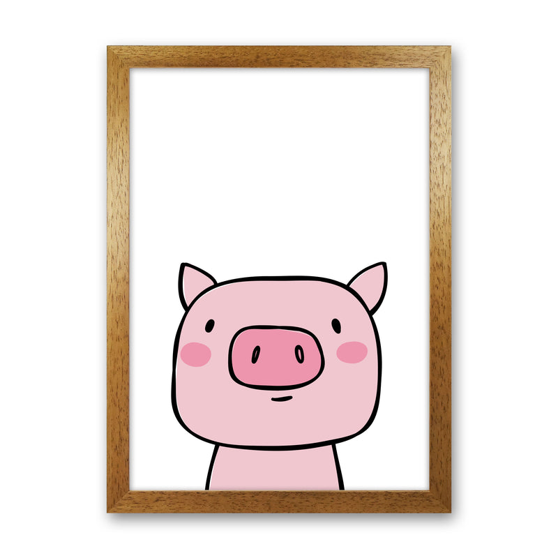 Scandi Pink Pig Framed Nursey Wall Art Print Oak Grain
