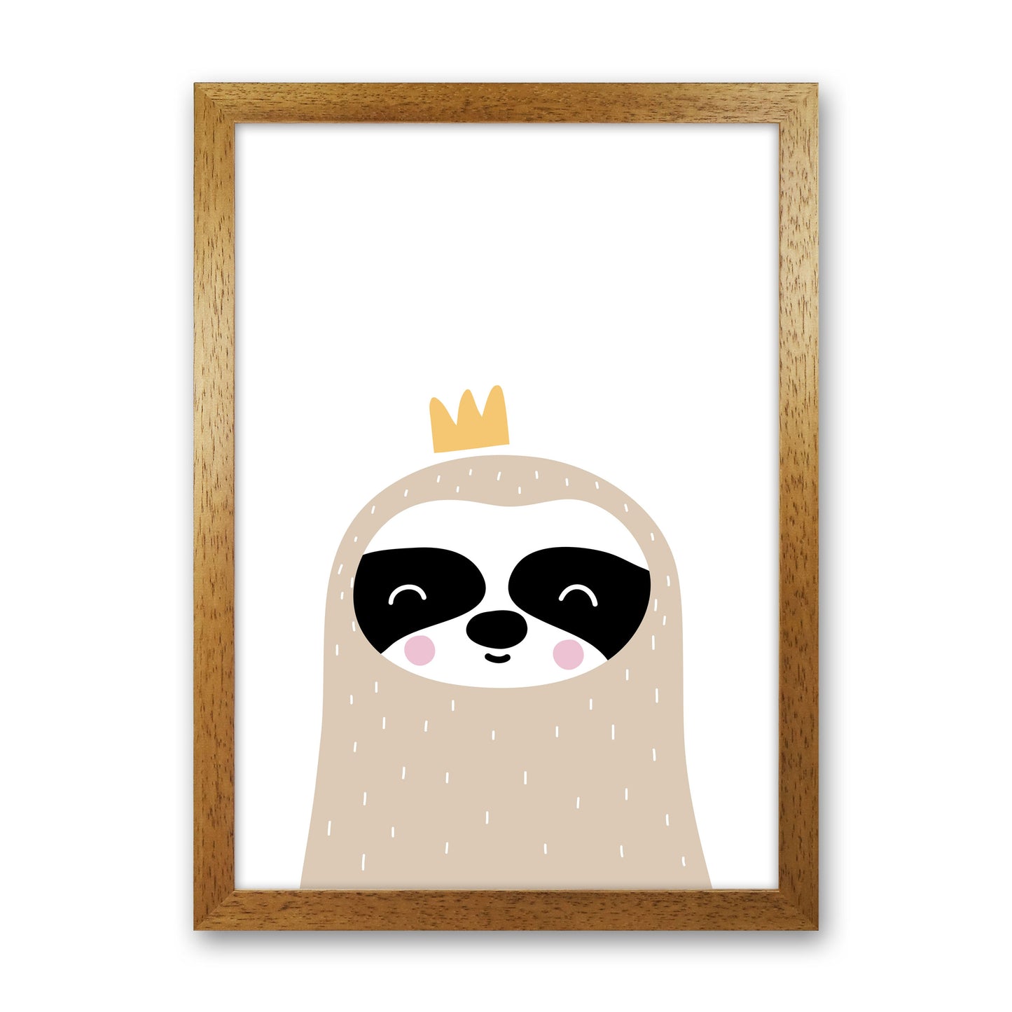 Scandi Sloth With Crown Framed Nursey Wall Art Print Oak Grain