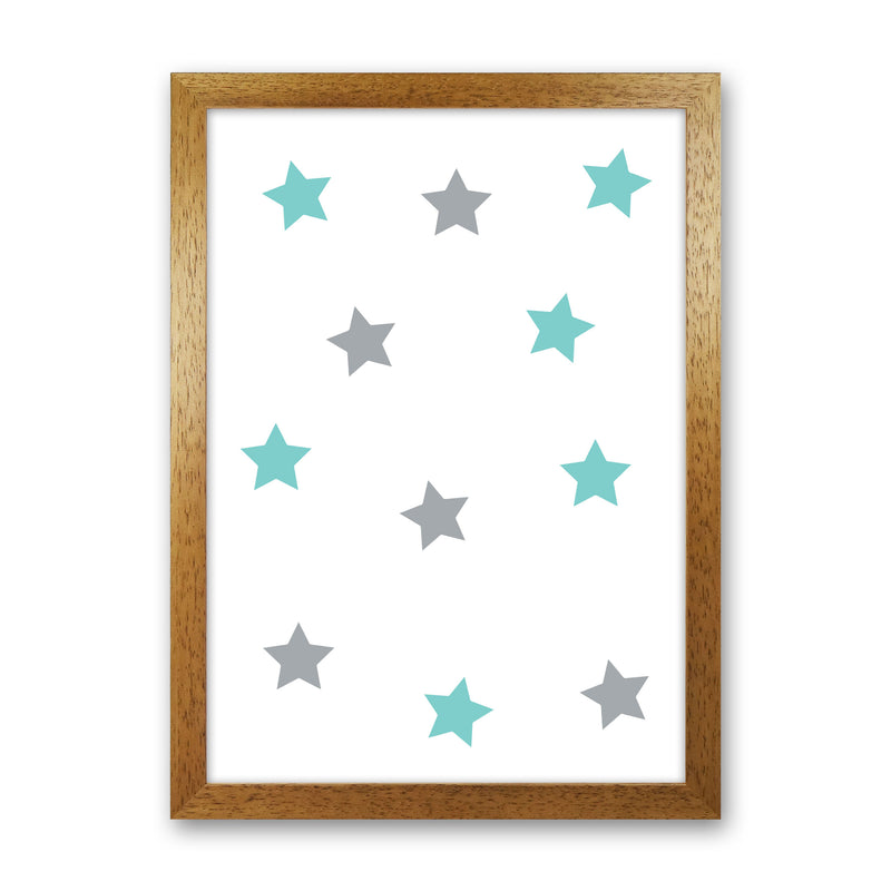 Mint And Grey Stars Framed Nursey Wall Art Print Oak Grain