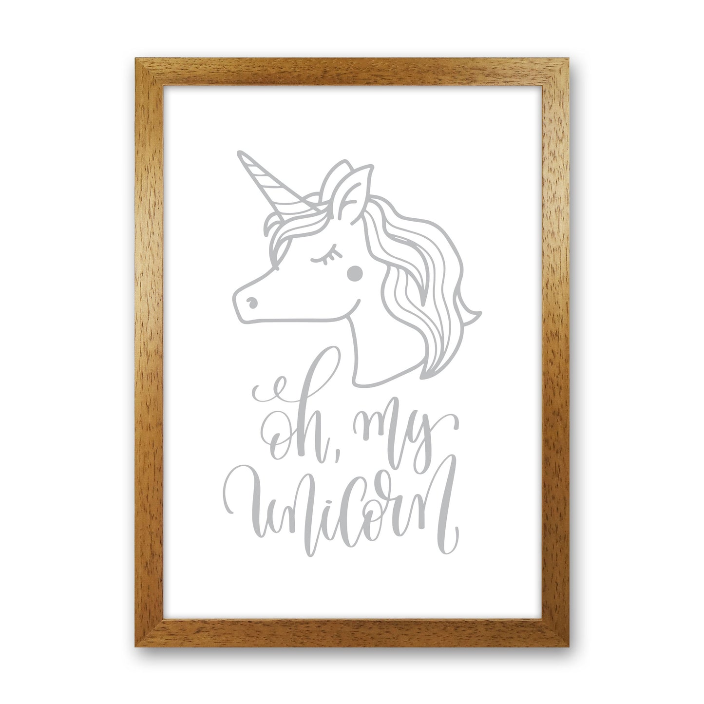 Oh My Unicorn Grey Framed Nursey Wall Art Print Oak Grain