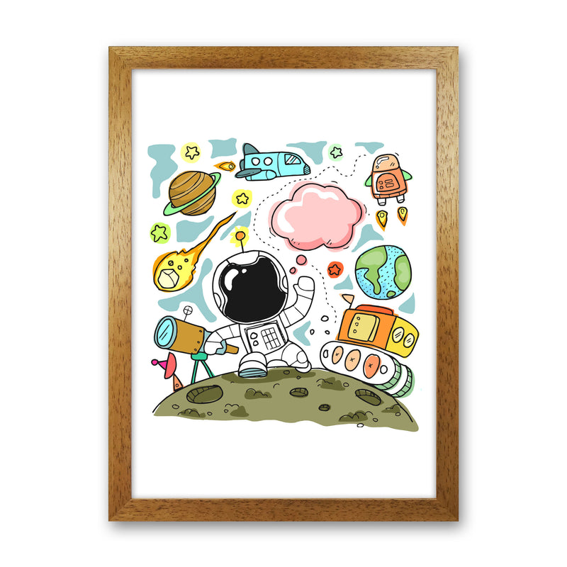 Space Illustration Framed Nursey Wall Art Print Oak Grain