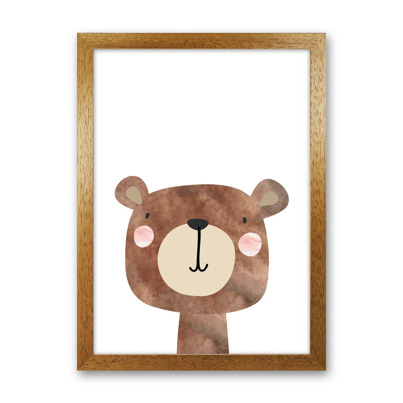Scandi Brown Bear Watercolour Framed Nursey Wall Art Print Oak Grain