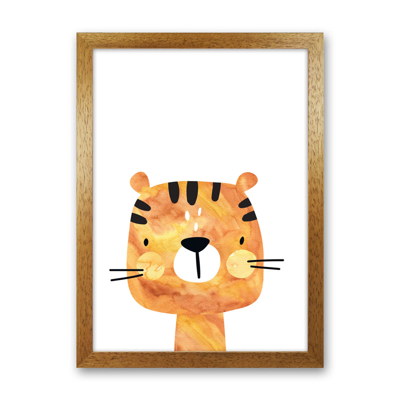 Scandi Tiger Watercolour Framed Nursey Wall Art Print Oak Grain