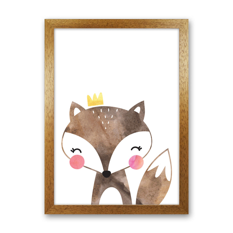 Scandi Brown Fox Watercolour Framed Nursey Wall Art Print Oak Grain