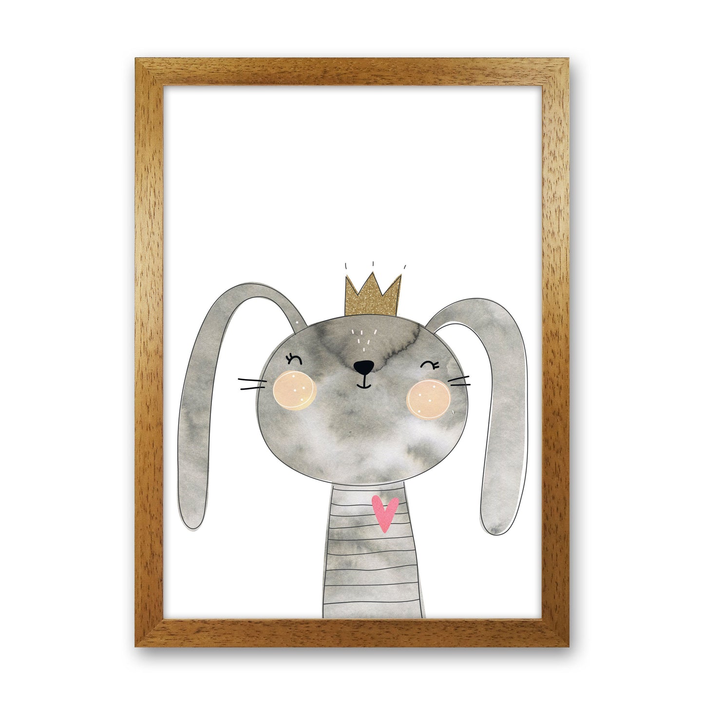 Scandi Grey Bunny Watercolour Framed Nursey Wall Art Print Oak Grain