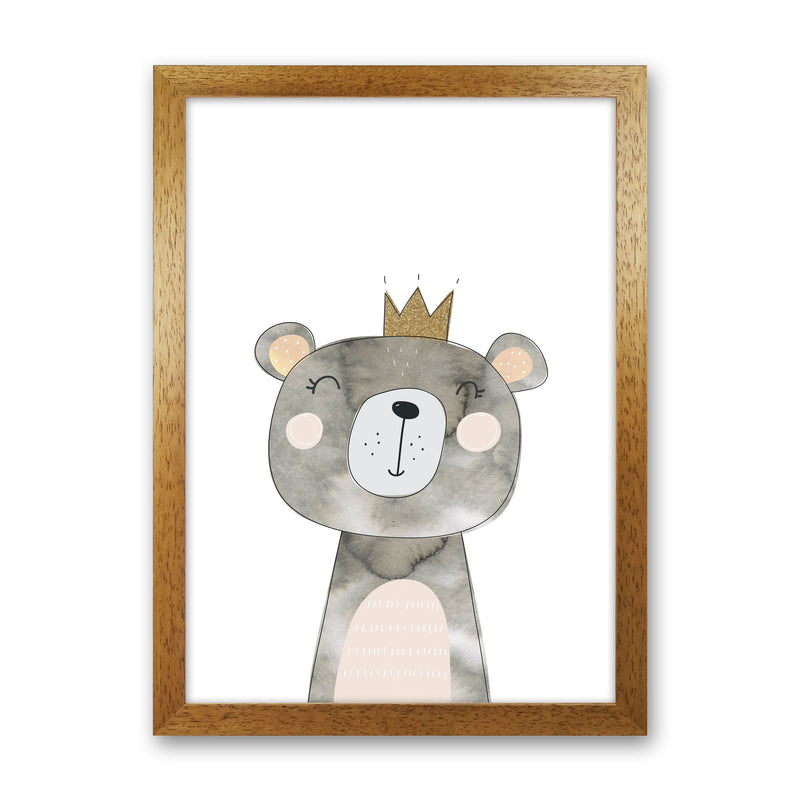 Scandi Grey Bear Watercolour Framed Nursey Wall Art Print Oak Grain