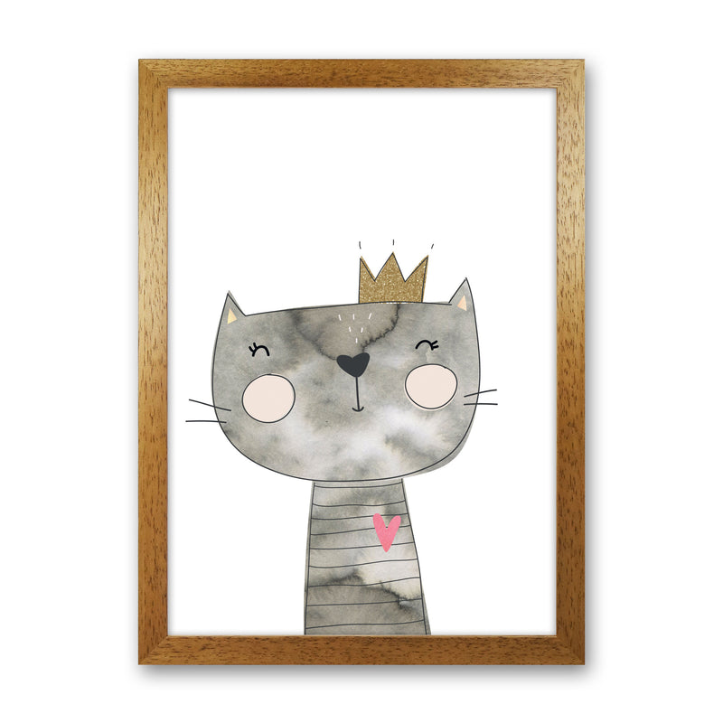 Scandi Grey Cat Watercolour Framed Nursey Wall Art Print Oak Grain