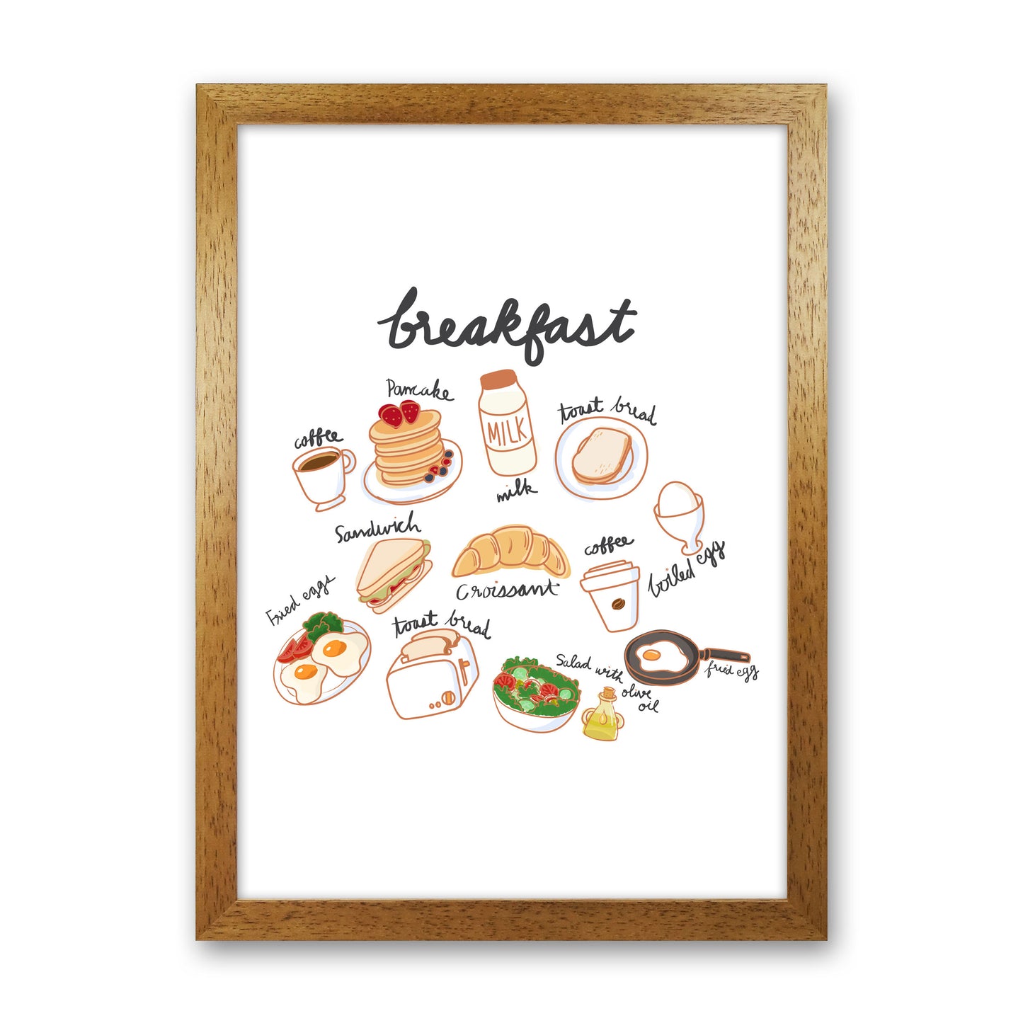 Breakfast Collection Portrait Modern Print, Framed Kitchen Wall Art Oak Grain