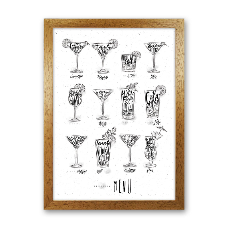 Cocktails Menu Modern Print, Framed Kitchen Wall Art Oak Grain