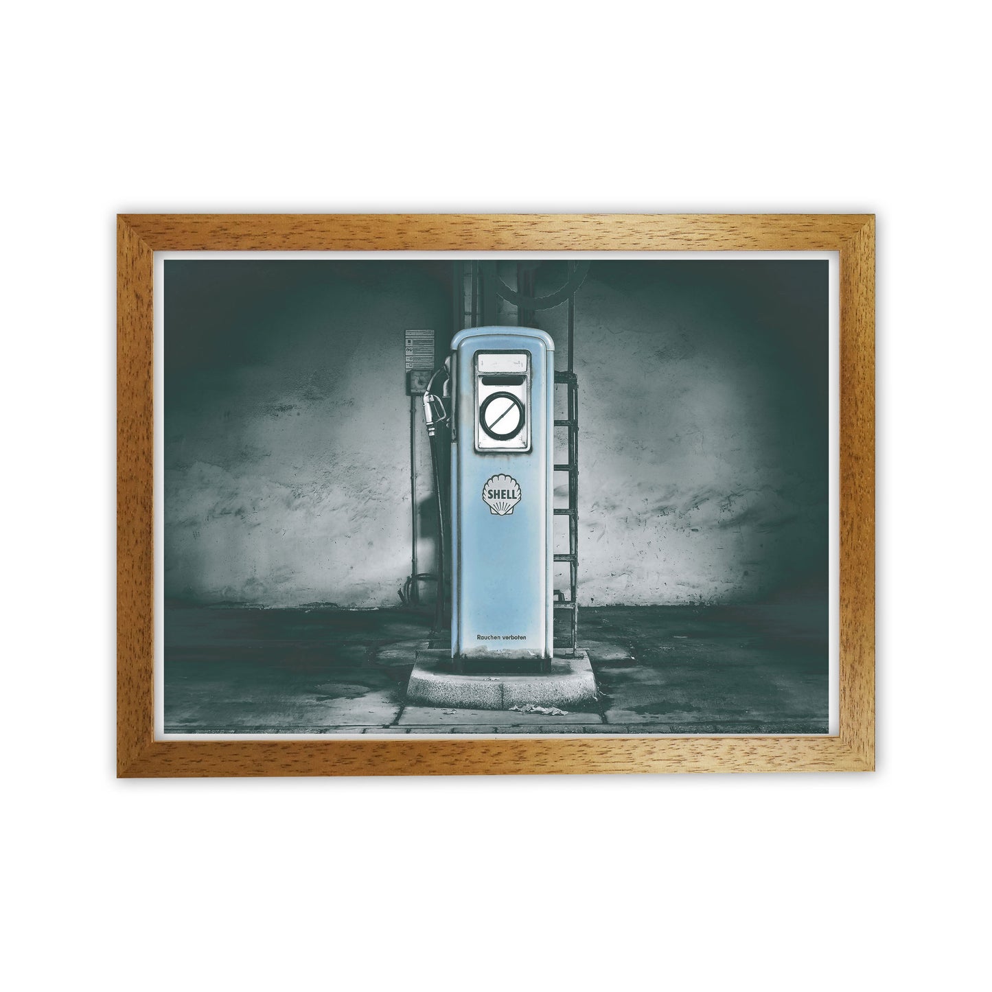 Little Blue Gas Pump Modern Print Oak Grain