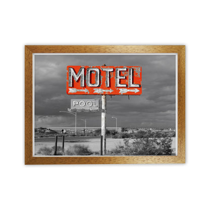 Red Motel Sign Modern Print Oak Grain
