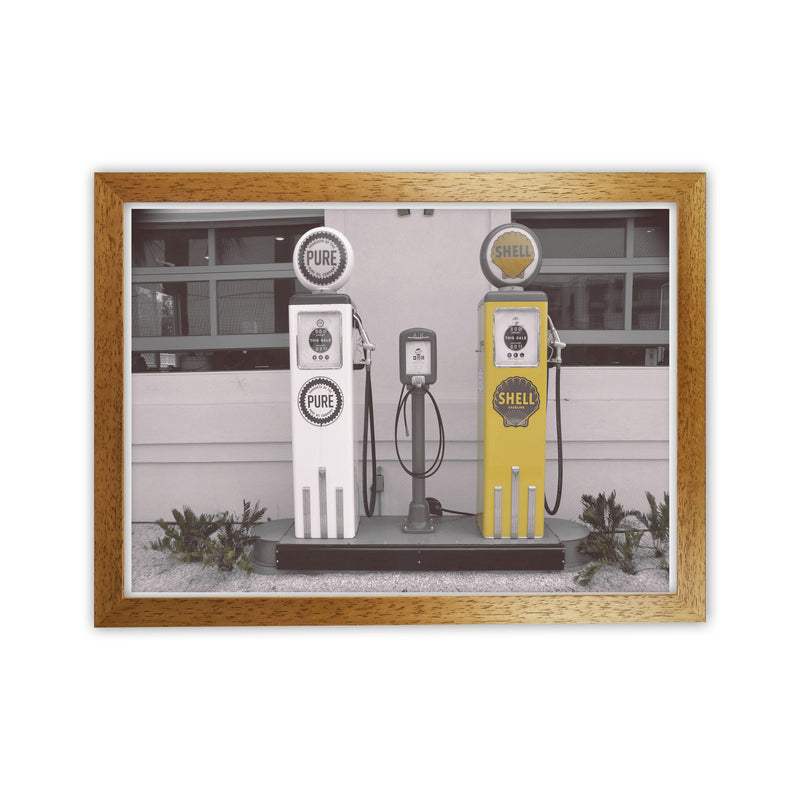 Vintage Shell Yellow Gas Pump Modern Print Oak Grain