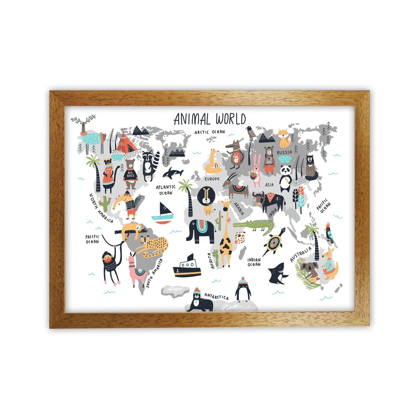 Animal World Map  Art Print by Pixy Paper Oak Grain