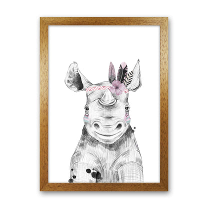 Safari Babies Rhino With Head Feathers  Art Print by Pixy Paper Oak Grain