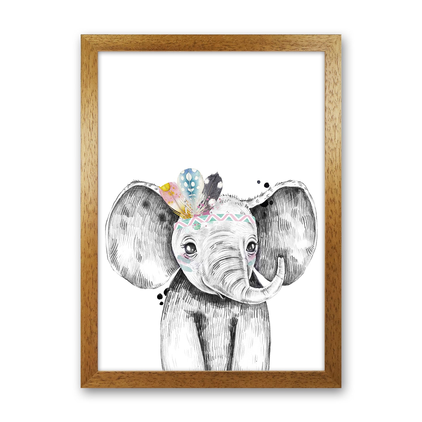 Safari Babies Elephant With Feathers  Art Print by Pixy Paper Oak Grain