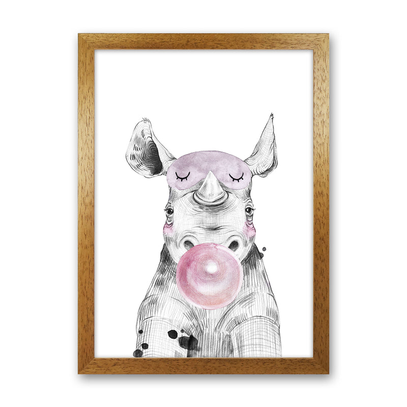 Safari Babies Rhino With Bubble  Art Print by Pixy Paper Oak Grain