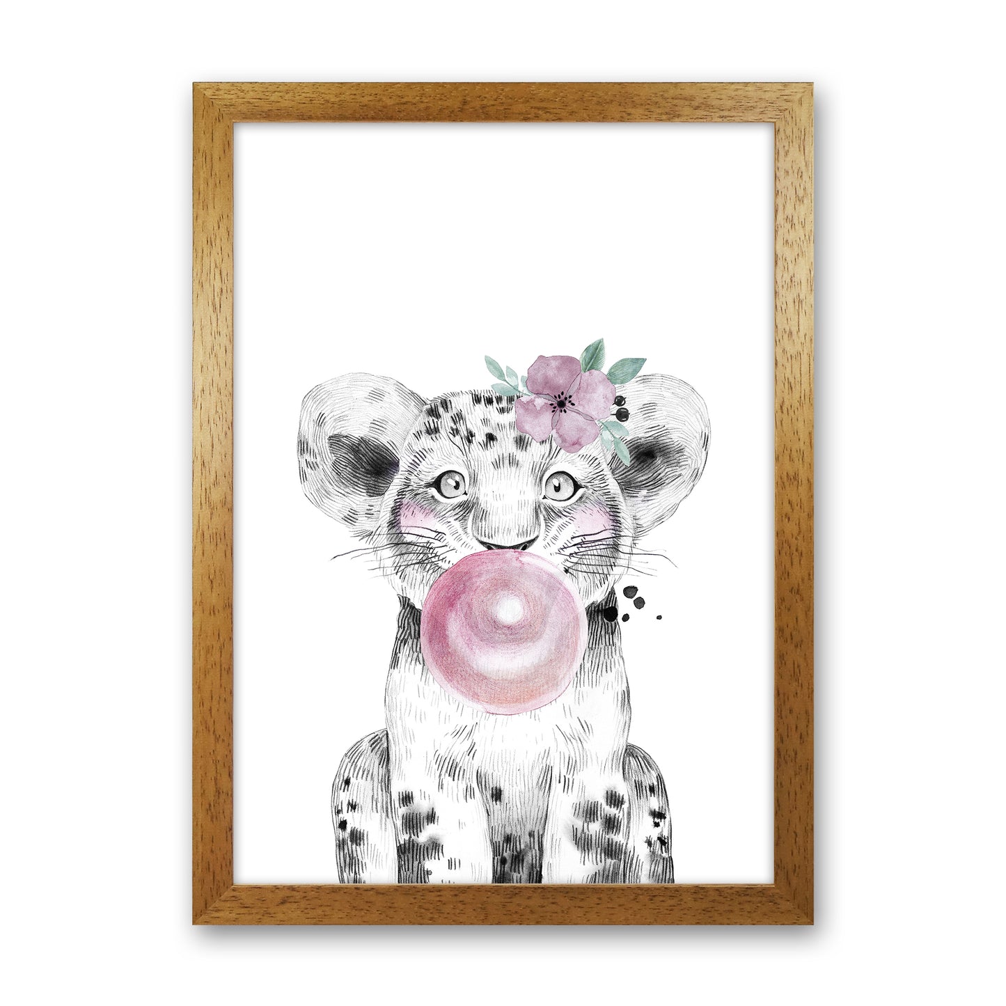 Safari Babies Tiger With Bubble  Art Print by Pixy Paper Oak Grain
