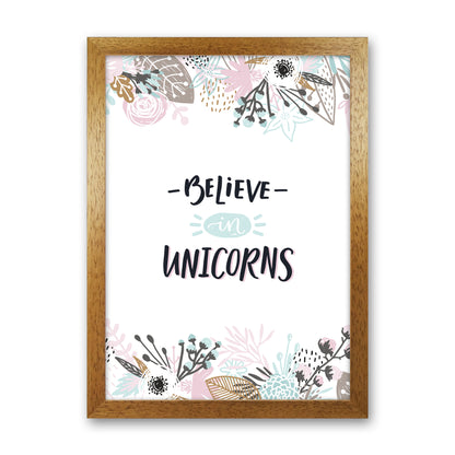 Believe In Unicorns Floral  Art Print by Pixy Paper Oak Grain