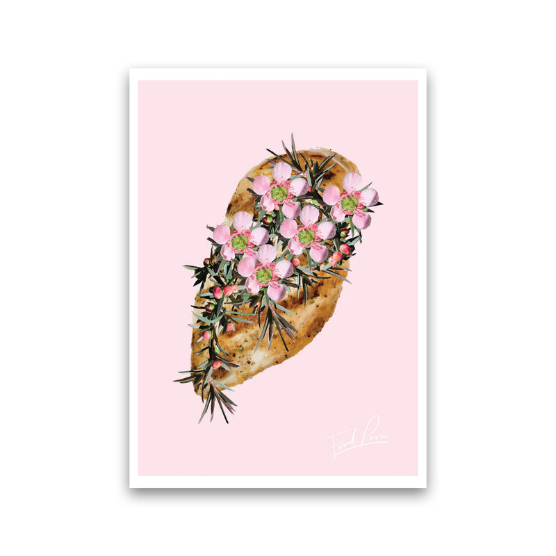 Pink Chicken Floral Food Print, Framed Kitchen Wall Art Print Only