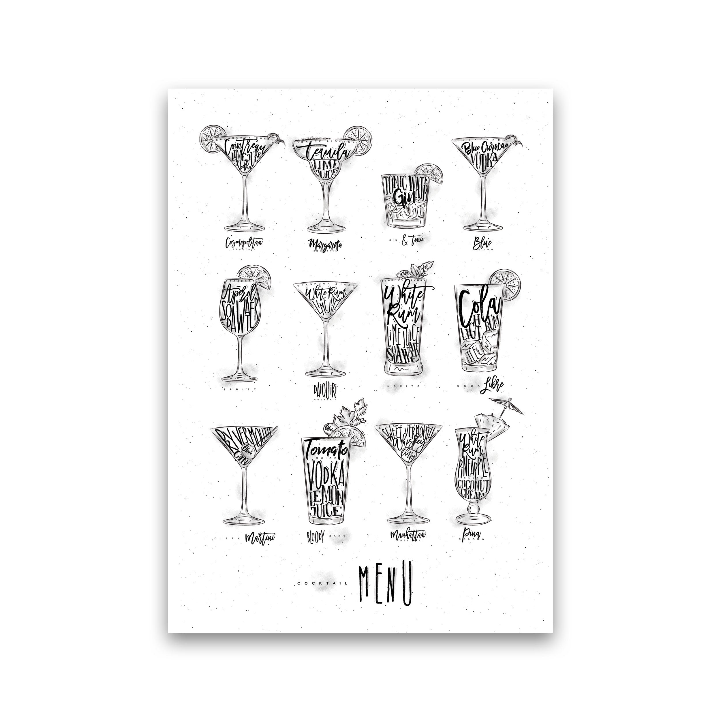 printable kitchen prints wall art, set of 6, hand... Cocktails Menu Modern Print, Framed Kitchen Wall Art