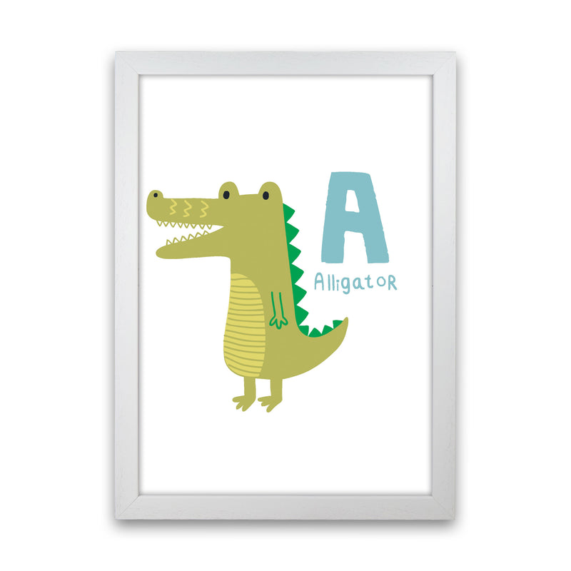 Alphabet Animals, A Is For Alligator Framed Nursey Wall Art Print White Grain