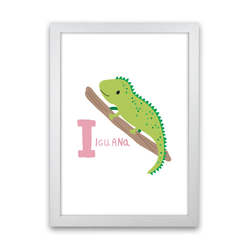 Alphabet Animals, I Is For Iguana Framed Nursey Wall Art Print White Grain