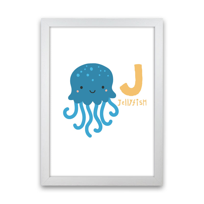 Alphabet Animals, J Is For Jellyfish Framed Nursey Wall Art Print White Grain