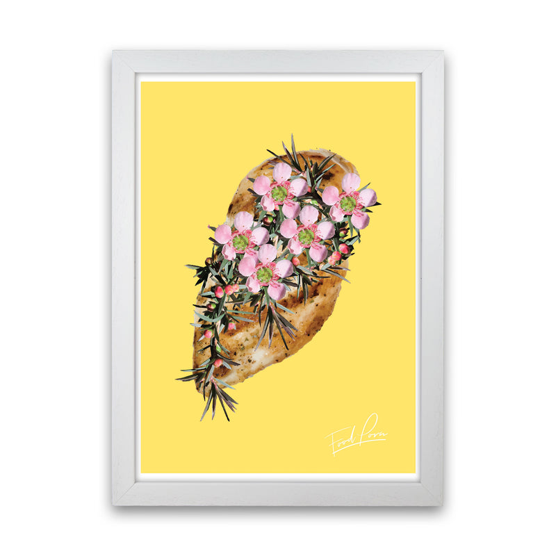 Yellow Chicken Food Print, Framed Kitchen Wall Art White Grain
