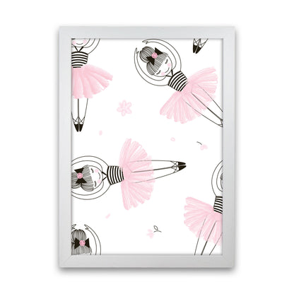 Ballerina Repeat Pattern Framed Nursey Wall Art Print White Grain