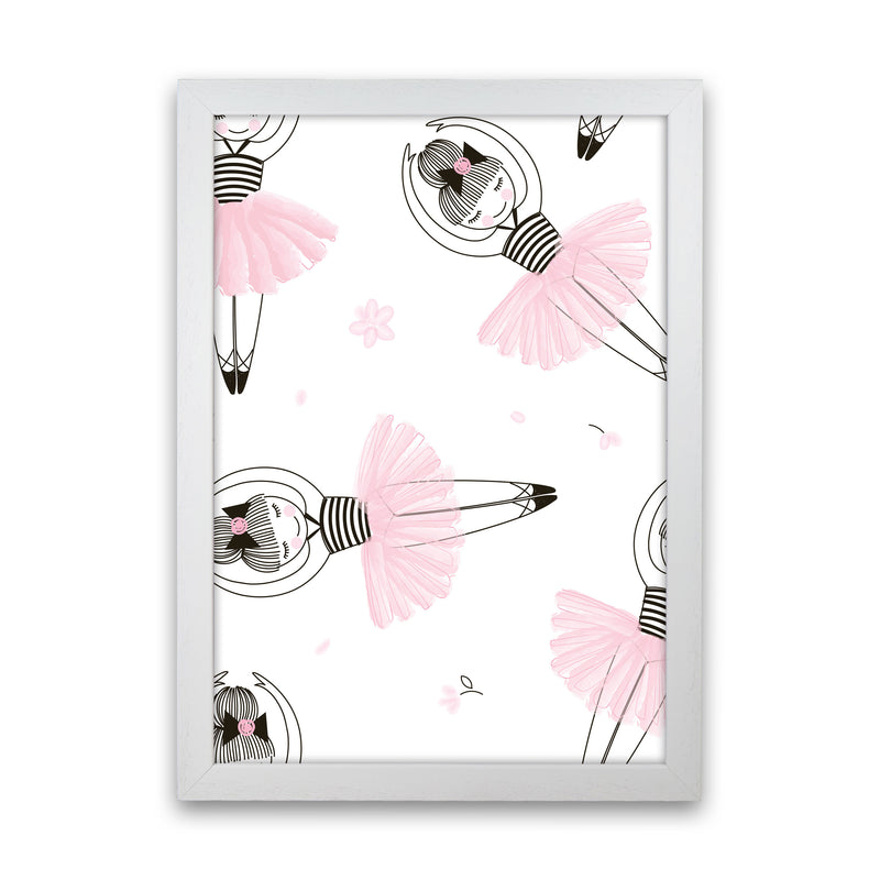 Ballerina Repeat Pattern Framed Nursey Wall Art Print White Grain