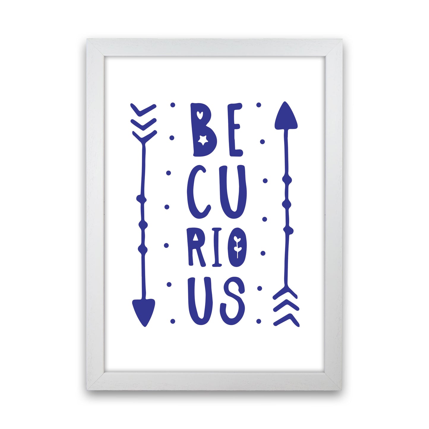 Be Curious Navy Framed Typography Wall Art Print White Grain