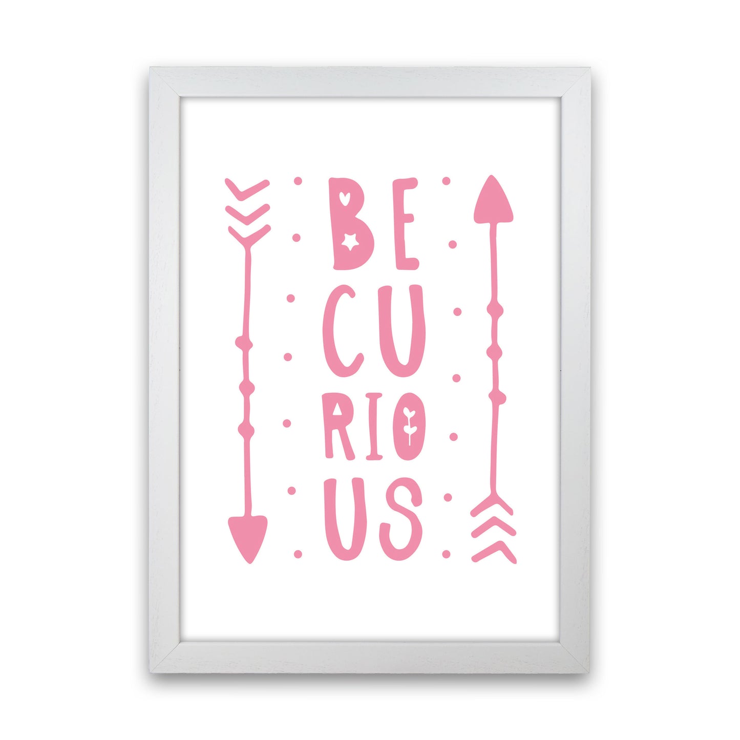 Be Curious Pink Framed Typography Wall Art Print White Grain
