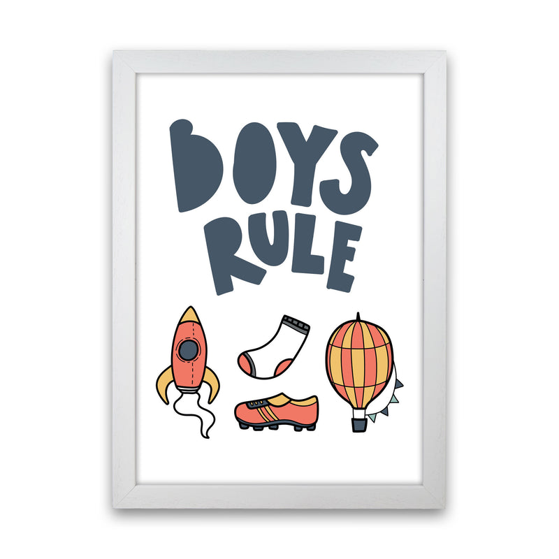 Boys Rule Illustrations Framed Nursey Wall Art Print White Grain