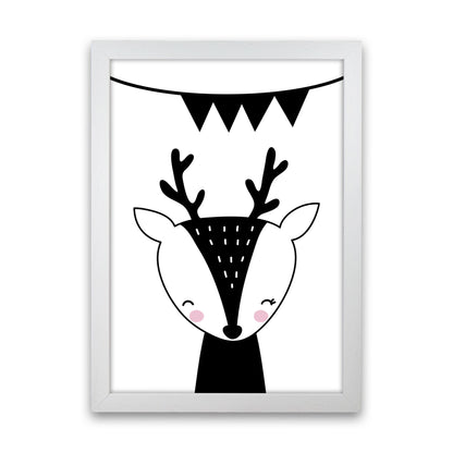 Scandi Black Deer With Banner Framed Nursey Wall Art Print White Grain
