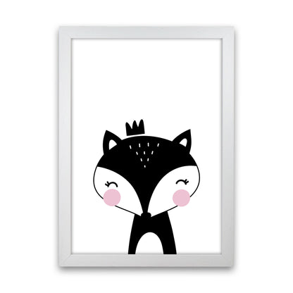 Scandi Black Fox With Crown Framed Nursey Wall Art Print White Grain