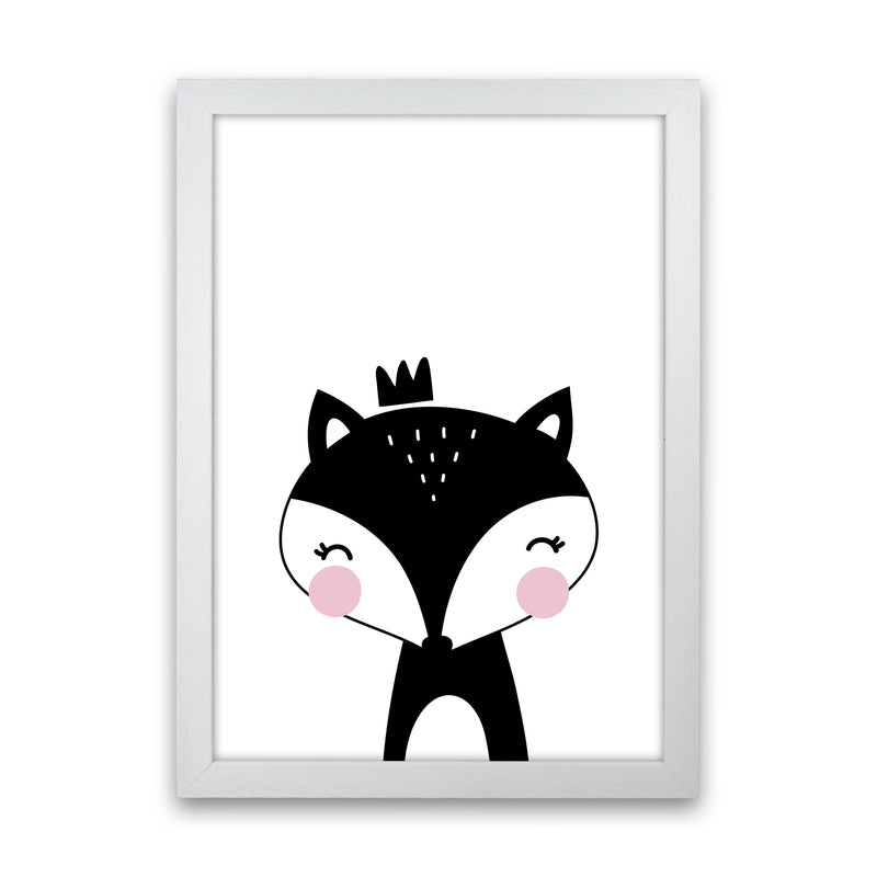 Scandi Black Fox With Crown Framed Nursey Wall Art Print White Grain