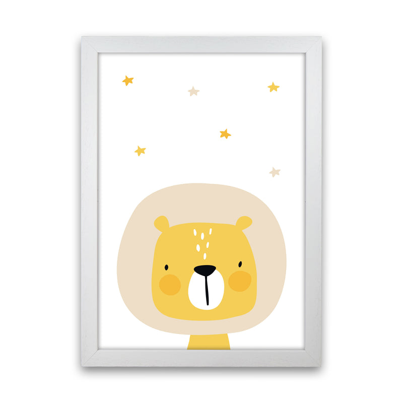 Scandi Lion And Stars Framed Nursey Wall Art Print White Grain