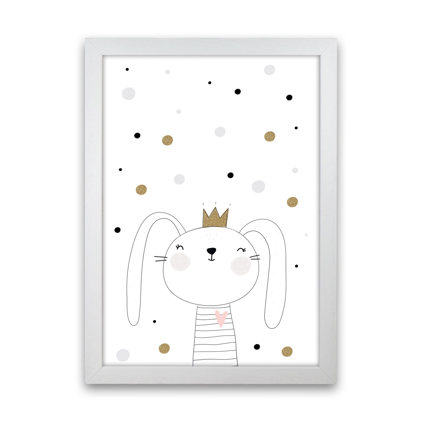 Scandi Cute Bunny With Crown And Polka Dots Modern Print White Grain