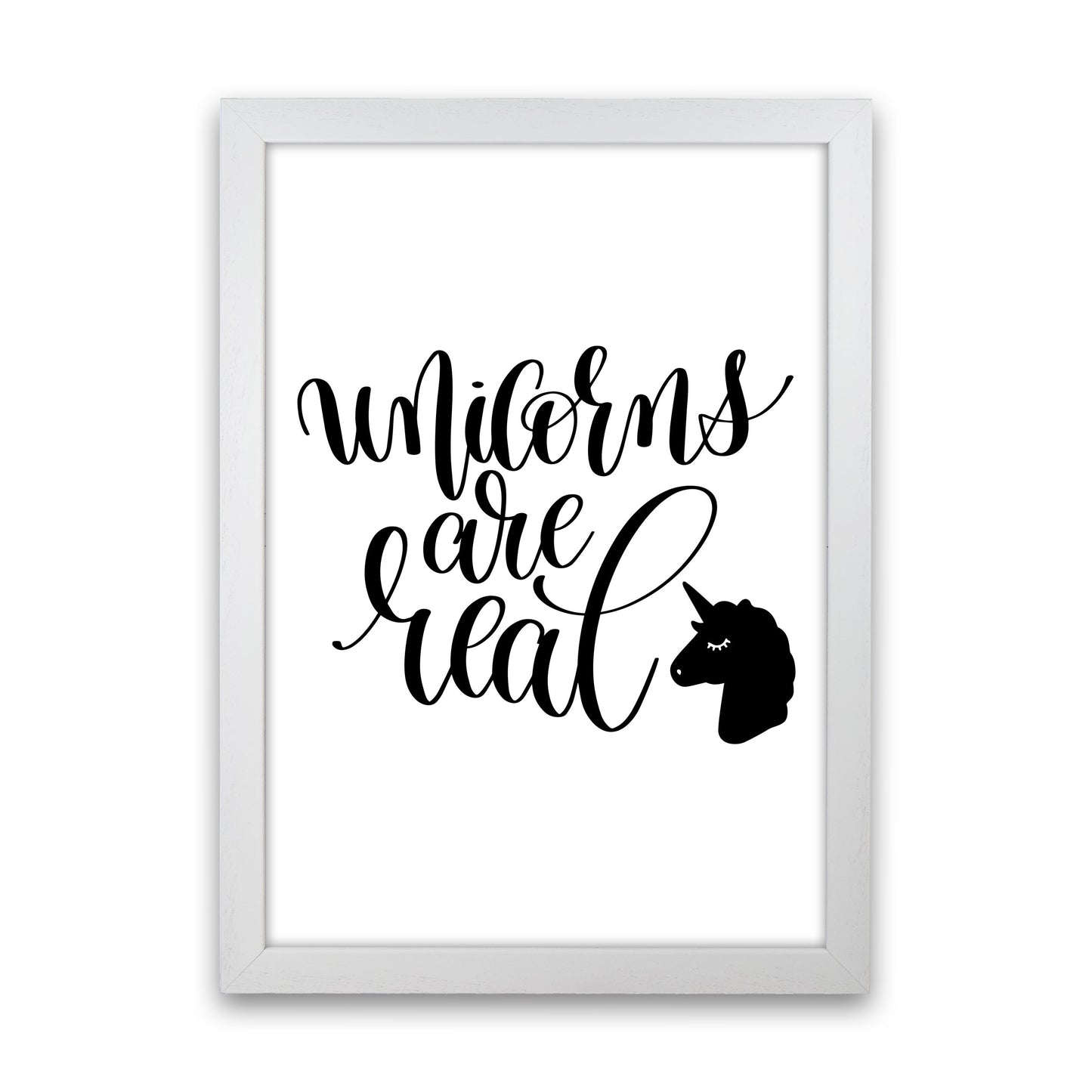 Unicorns Are Real Black Framed Nursey Wall Art Print White Grain