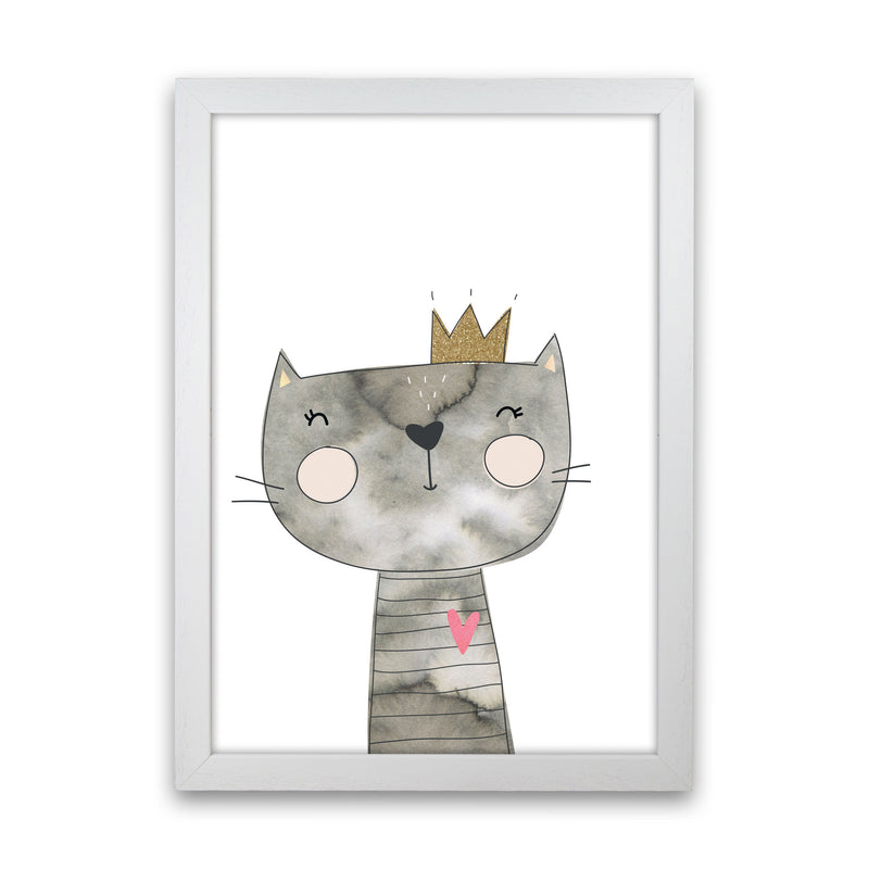 Scandi Grey Cat Watercolour Framed Nursey Wall Art Print White Grain