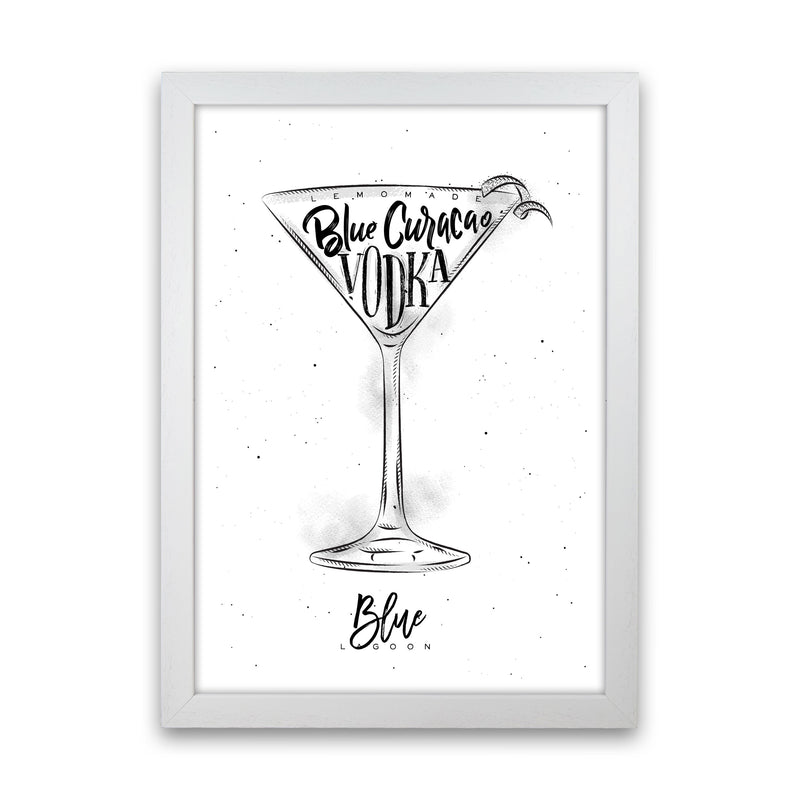 Blue Lagoon Cocktail Modern Print, Framed Kitchen Wall Art White Grain